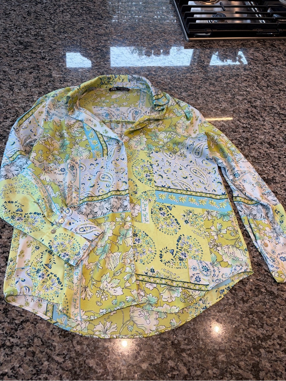Zara Yellow Green Floral Patchwork Button-Down Shirt